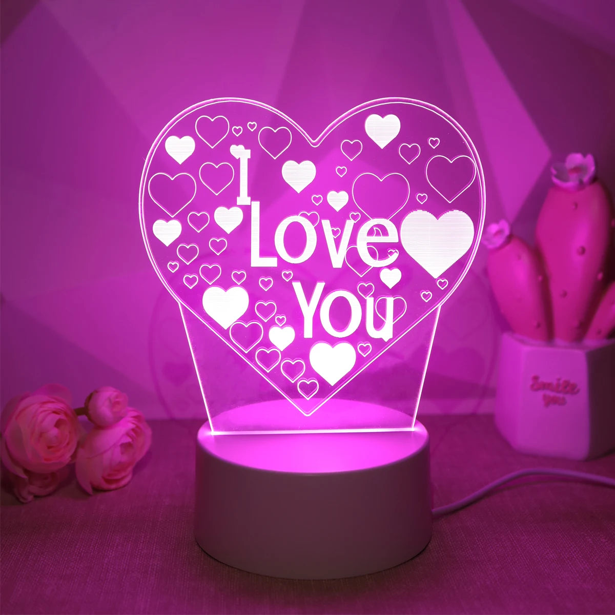 Pink “I Love You” 3D Night Light – Romantic Bedroom Décor