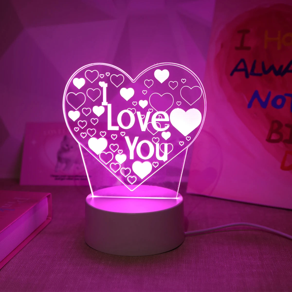 Pink “I Love You” 3D Night Light – Romantic Bedroom Décor