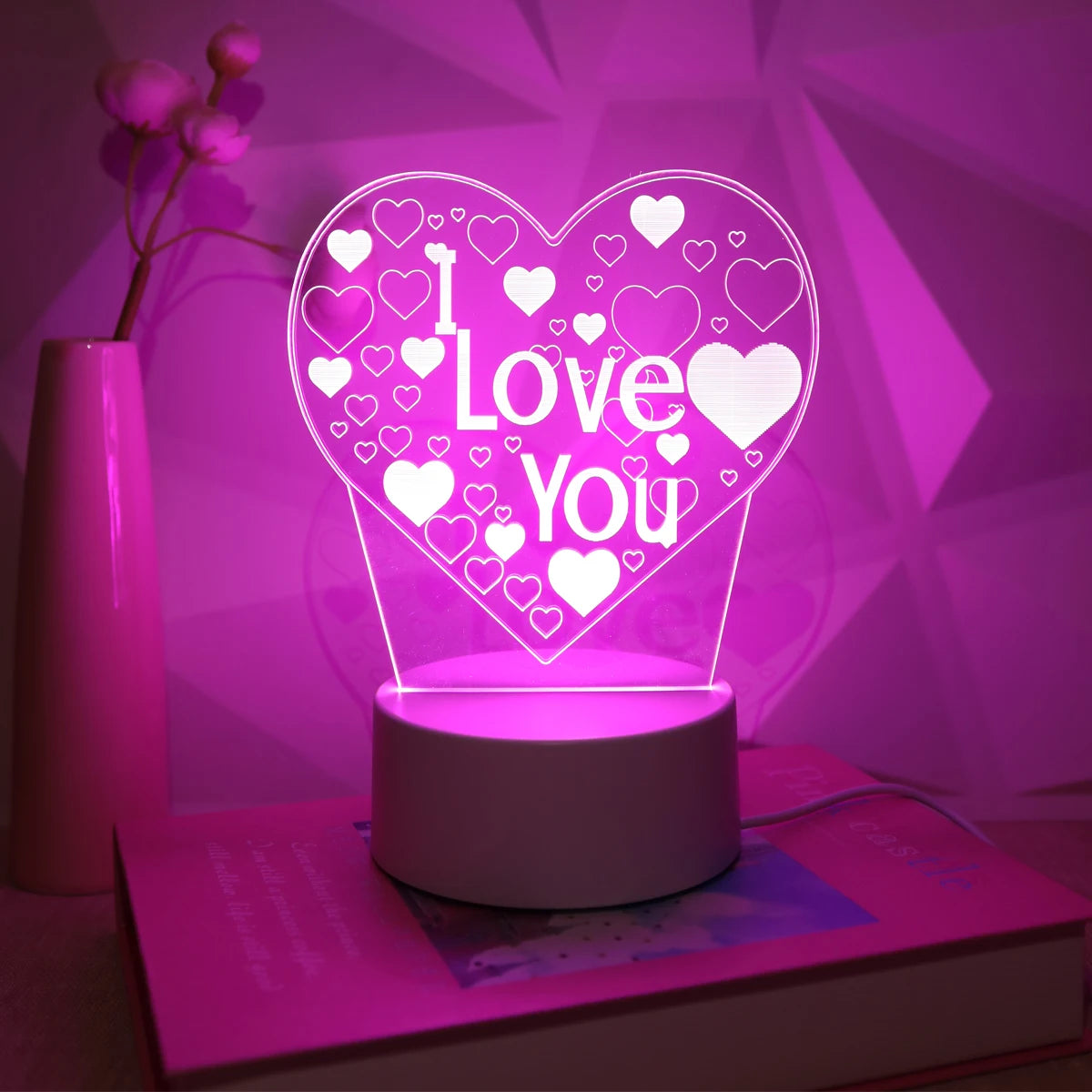Pink “I Love You” 3D Night Light – Romantic Bedroom Décor